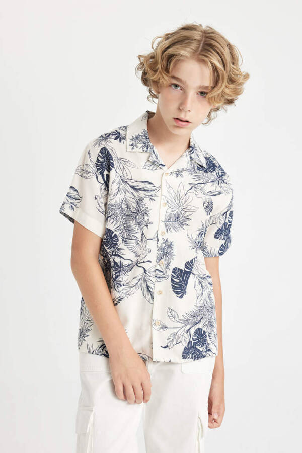 Boys' Printed Viscose Short-Sleeved Polo Shirt Ecru - 1