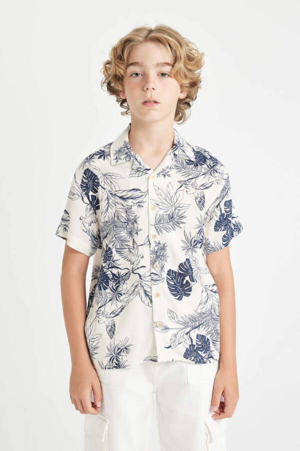 Boys' Printed Viscose Short-Sleeved Polo Shirt Ecru - 3