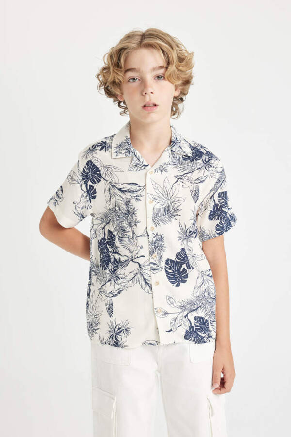 Boys' Printed Viscose Short-Sleeved Polo Shirt Ecru - 4