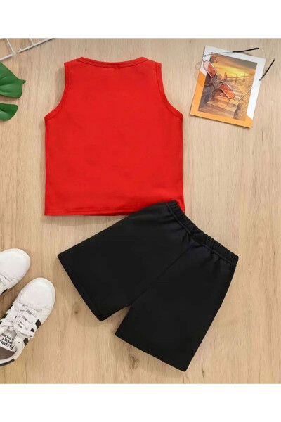Boys Red-Black Cool Printed Sleeveless T-Shirt and Shorts Set - LOUİSA (1)