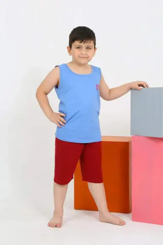 Boys' Short Sleeve Blue Knit Pajamas Set 20434 - BÜYÜKBEDENIZ (1)