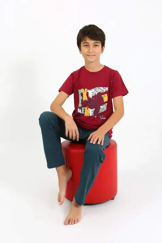 Boys Short Sleeve Cotton Pajama Set 20758 Maroon - 2
