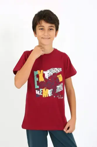 Boys Short Sleeve Cotton Pajama Set 20758 Maroon - 4