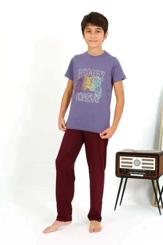 Boys' Short Sleeve Cotton Pajama Set 20758 Purple - 2