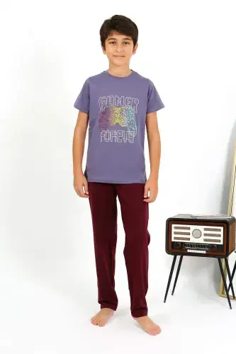 Boys' Short Sleeve Cotton Pajama Set 20758 Purple - 4