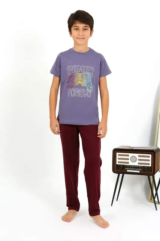 Boys' Short Sleeve Cotton Pajama Set 20758 Purple - 4