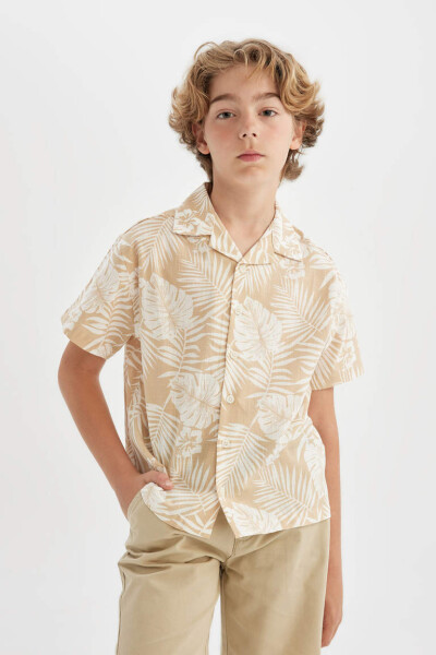 Boys' Short Sleeve Polo Shirt with Patterned Linen Look Beige - 1