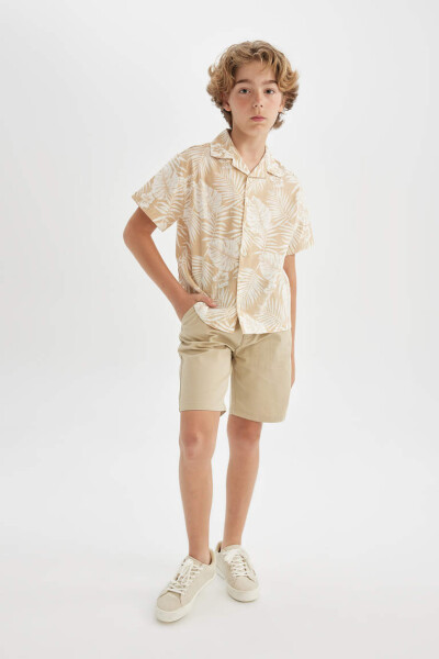 Boys' Short Sleeve Polo Shirt with Patterned Linen Look Beige - 2