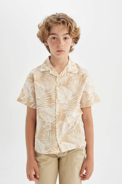 Boys' Short Sleeve Polo Shirt with Patterned Linen Look Beige - 3