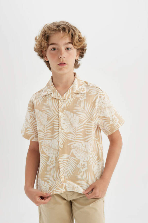 Boys' Short Sleeve Polo Shirt with Patterned Linen Look Beige - 4