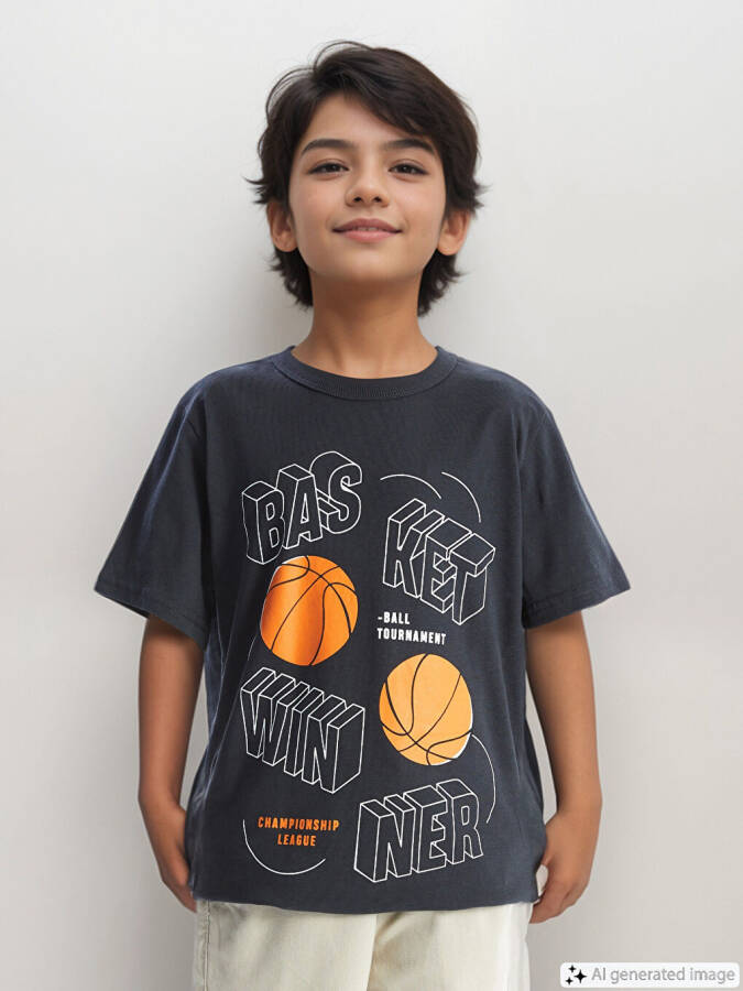 Boy's Short Sleeve T-Shirt with Bike Print and Crew Neck - 1