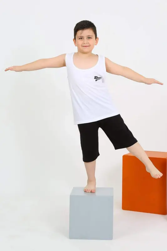 Boy's Sleeveless Shorts White Knitted Pajamas 20434 - BÜYÜKBEDENIZ