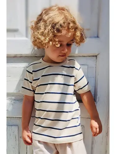 Boys Striped Placket T-Shirt Beige Melange (1-4 Years) - Beige 