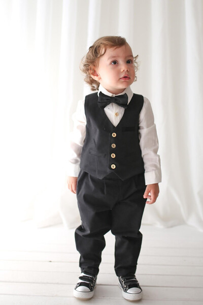 Boys Suit - Black Gabardine Waistcoat 4-Piece Set (100% Cotton) - 7