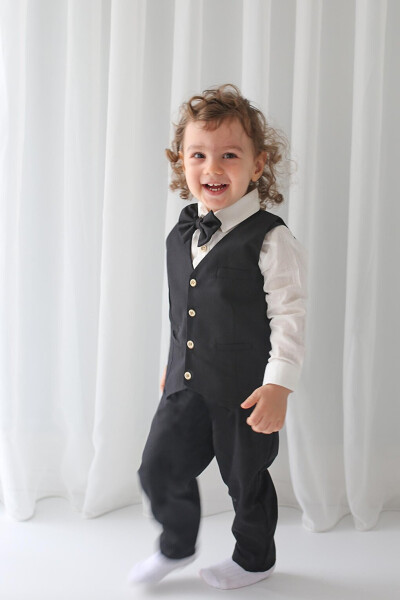 Boys Suit - Black Gabardine Waistcoat 4-Piece Set (100% Cotton) - 8