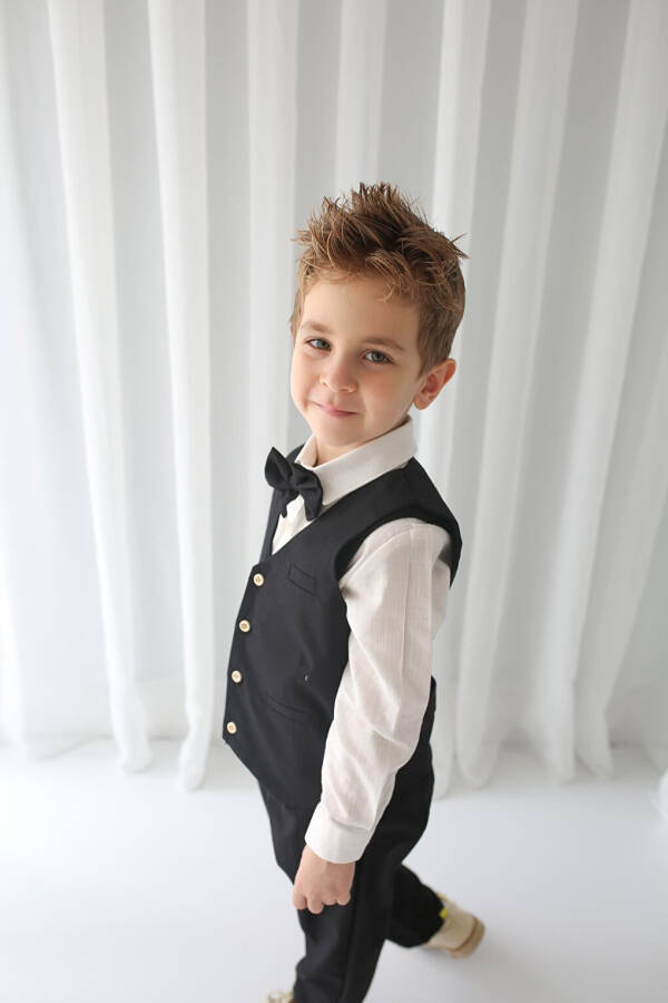 Boys Suit - Black Gabardine Waistcoat 4-Piece Set (100% Cotton) - 9