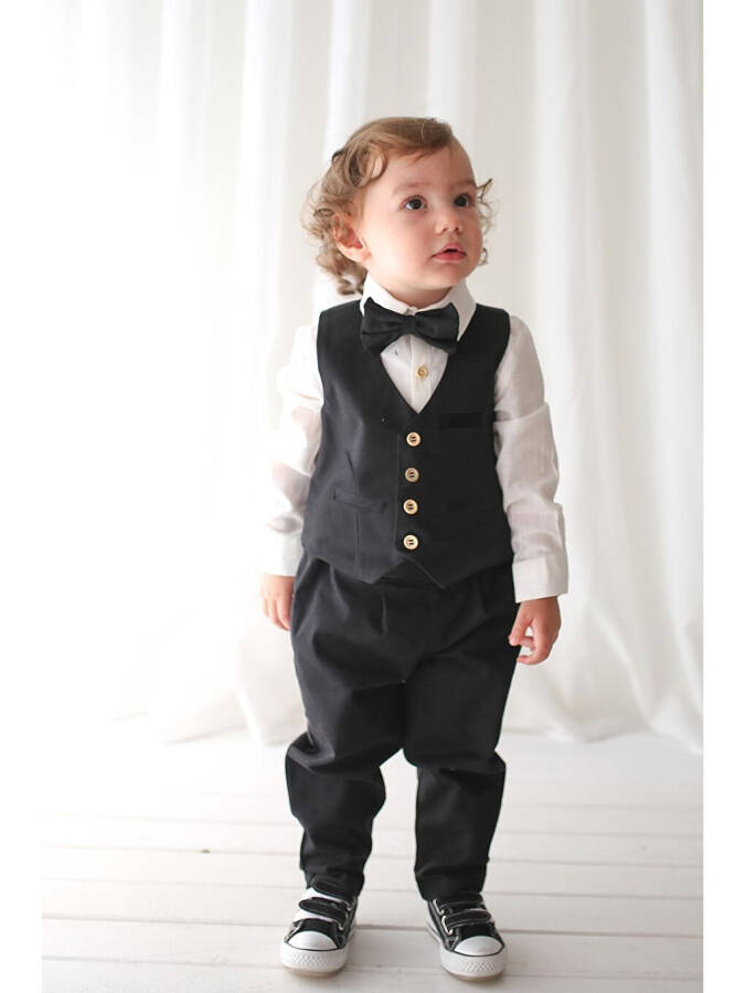 Boys Suit - Black Gabardine Waistcoat 4-Piece Set (100% Cotton) - 4