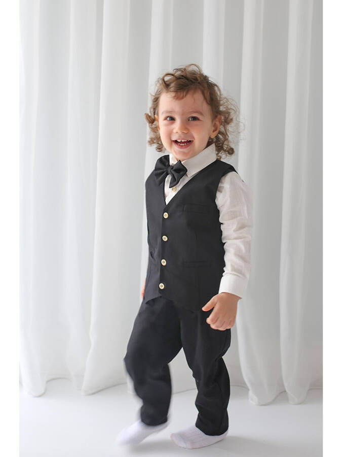 Boys Suit - Black Gabardine Waistcoat 4-Piece Set (100% Cotton) - 5