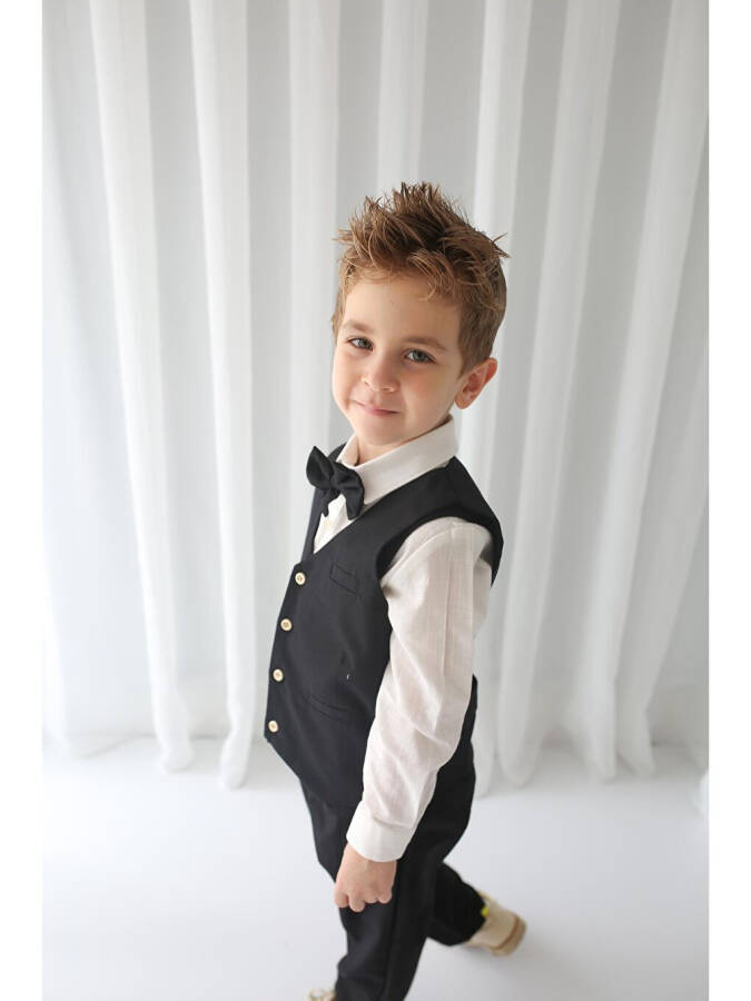 Boys Suit - Black Gabardine Waistcoat 4-Piece Set (100% Cotton) - 6