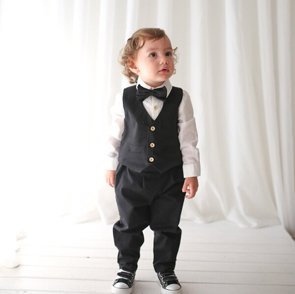 Boys Suit - Black Gabardine Waistcoat 4-Piece Set (100% Cotton) - 10