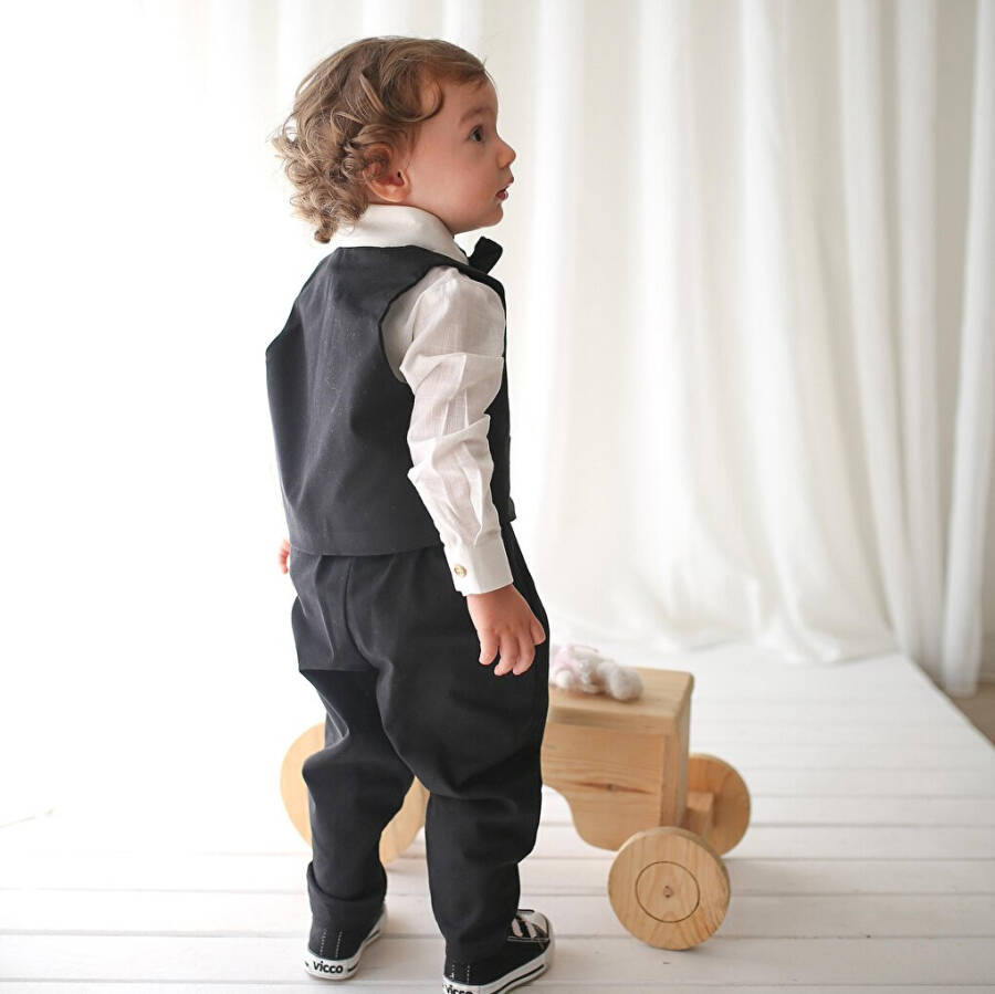 Boys Suit - Black Gabardine Waistcoat 4-Piece Set (100% Cotton) - 11