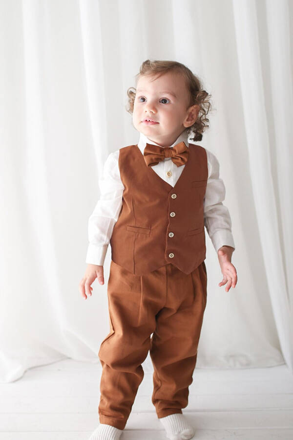 Boys' Suit - Brown Gabardine Vest 4-Piece Set (100% Cotton) - 11