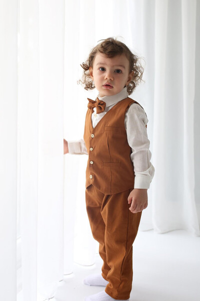 Boys' Suit - Brown Gabardine Vest 4-Piece Set (100% Cotton) - 12