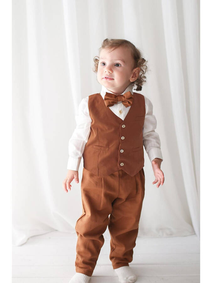 Boys' Suit - Brown Gabardine Vest 4-Piece Set (100% Cotton) - 1