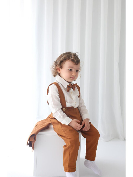 Boys' Suit - Brown Gabardine Vest 4-Piece Set (100% Cotton) - 3