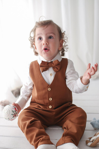 Boys' Suit - Brown Gabardine Vest 4-Piece Set (100% Cotton) - 18