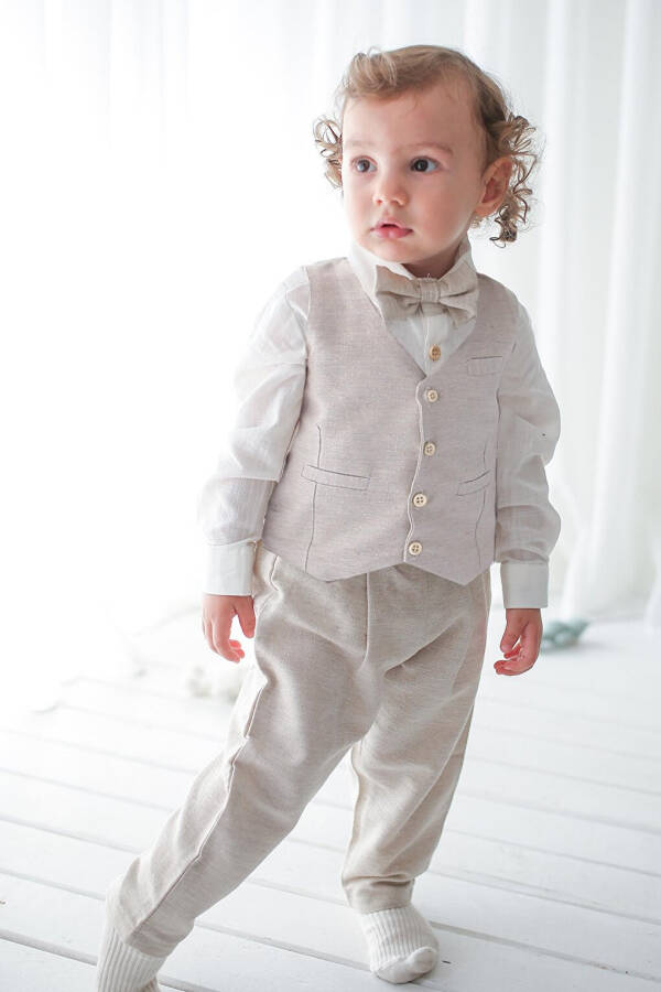 Boy's Suit - Cream Linen Vest 4-Piece Set (100% Cotton) - 11