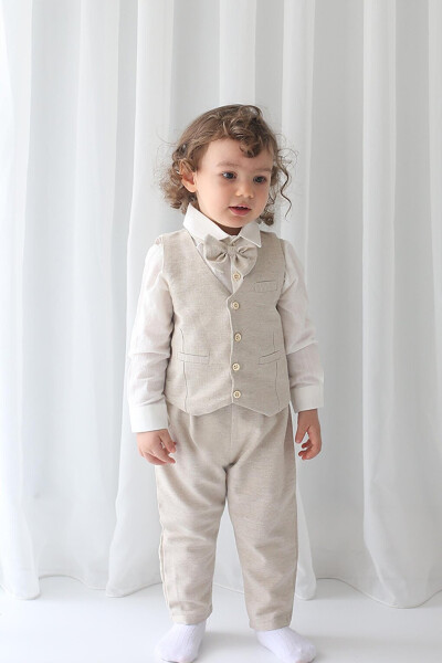 Boy's Suit - Cream Linen Vest 4-Piece Set (100% Cotton) - 12