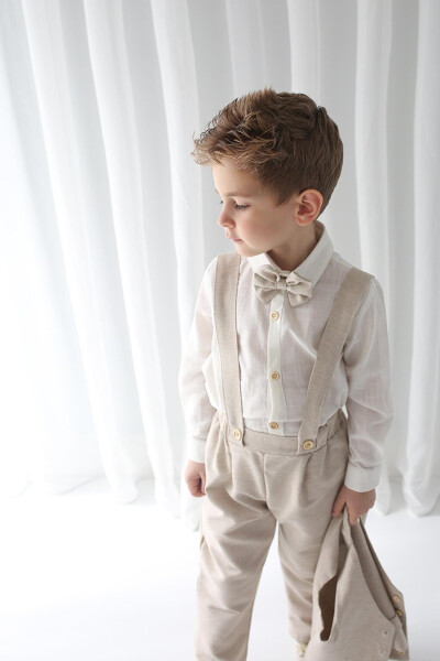 Boy's Suit - Cream Linen Vest 4-Piece Set (100% Cotton) - 14