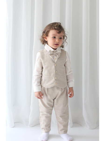 Boy's Suit - Cream Linen Vest 4-Piece Set (100% Cotton) - 7