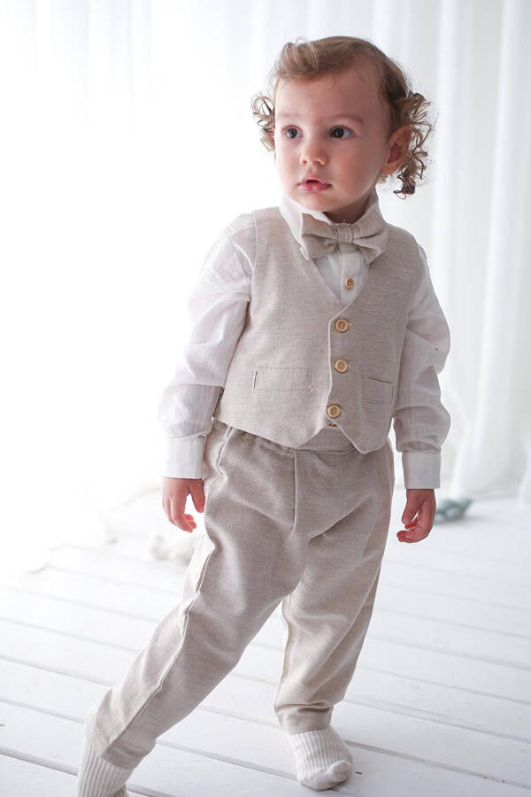 Boy's Suit - Cream Linen Vest 4-Piece Set (100% Cotton) - 16