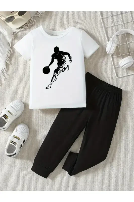 Boys' Summer Fabric Basketball Print White T-shirt-Black Tracksuit-White - 1