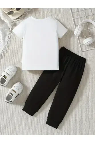 Boys' Summer Fabric Basketball Print White T-shirt-Black Tracksuit-White - MORNİNG KİDS (1)