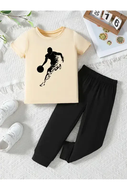 Boy's Summer Fabric Basketball Printed Beige T-Shirt-Black Tracksuit-Beige - 1