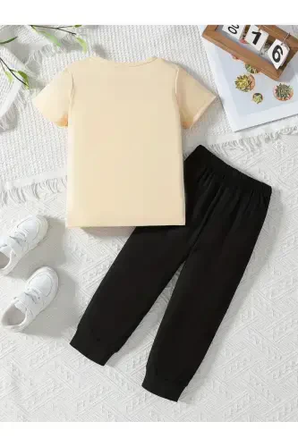 Boy's Summer Fabric Basketball Printed Beige T-Shirt-Black Tracksuit-Beige - MORNİNG KİDS (1)