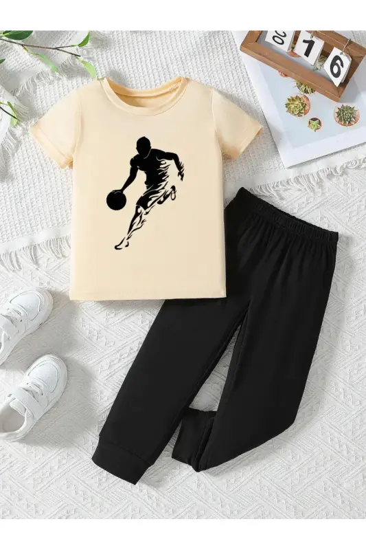 Boy's Summer Fabric Basketball Printed Beige T-Shirt-Black Tracksuit-Beige - MORNİNG KİDS