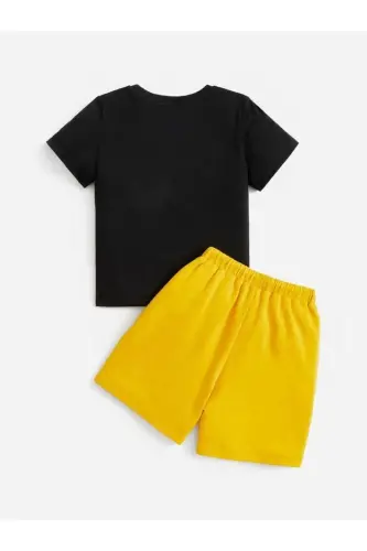 Boy's Sunshine Printed Black T-Shirt-Short Set-BLACKYELLOW - MORNİNG KİDS (1)