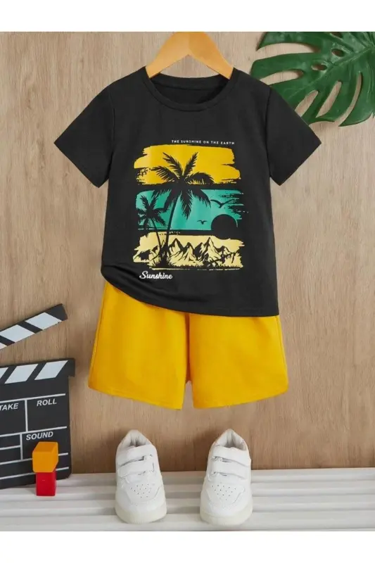 Boy's Sunshine Printed Black T-Shirt-Short Set-BLACKYELLOW - MORNİNG KİDS