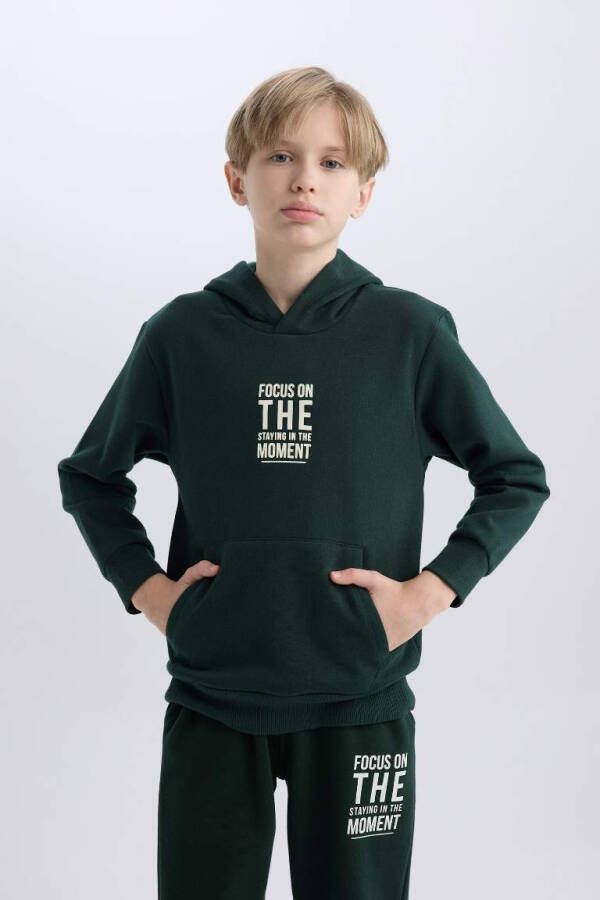 Boy's Text Printed Hooded Thick School Sweatshirt Dark Green - 1