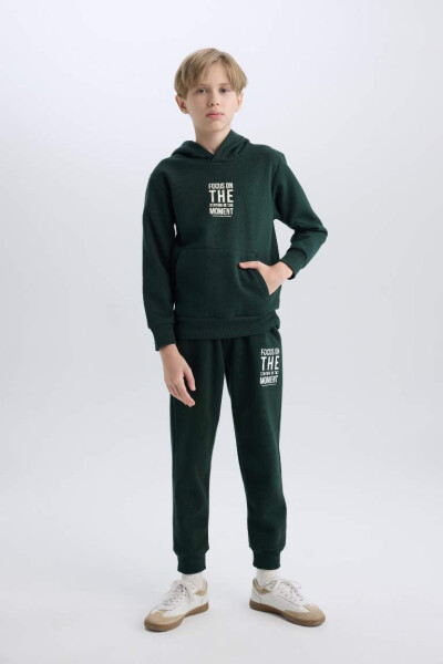 Boy's Text Printed Hooded Thick School Sweatshirt Dark Green - 2