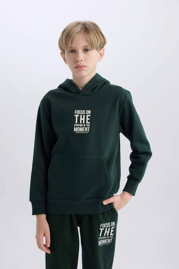 Boy's Text Printed Hooded Thick School Sweatshirt Dark Green - 3