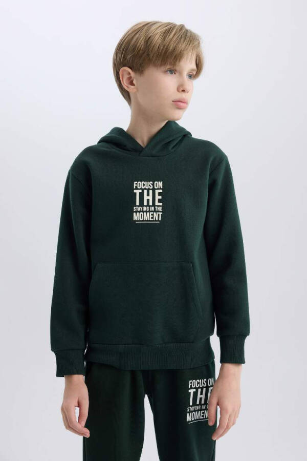 Boy's Text Printed Hooded Thick School Sweatshirt Dark Green - 4