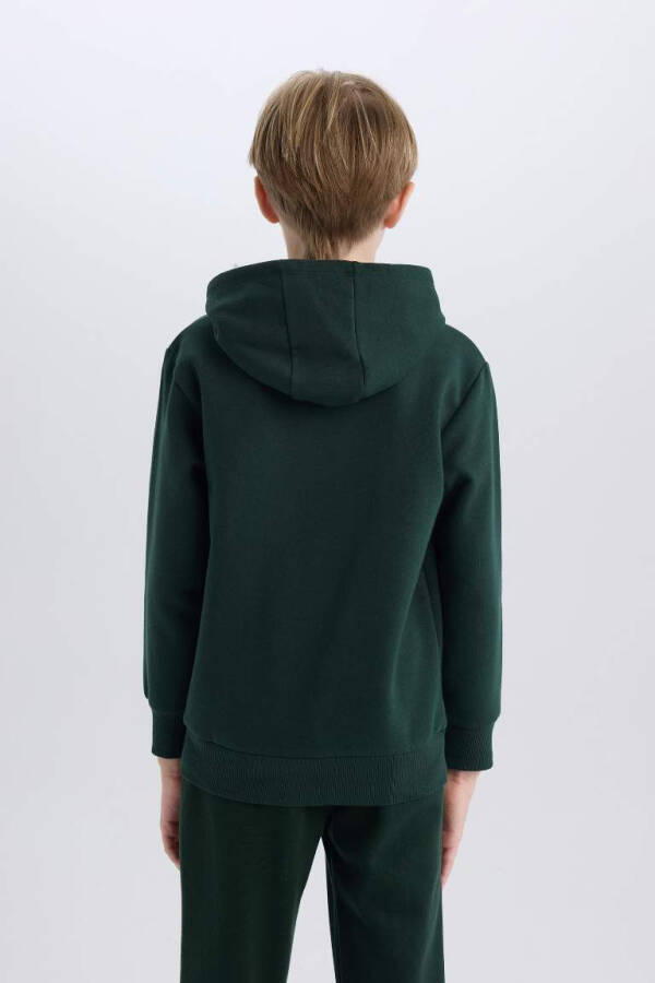 Boy's Text Printed Hooded Thick School Sweatshirt Dark Green - 6