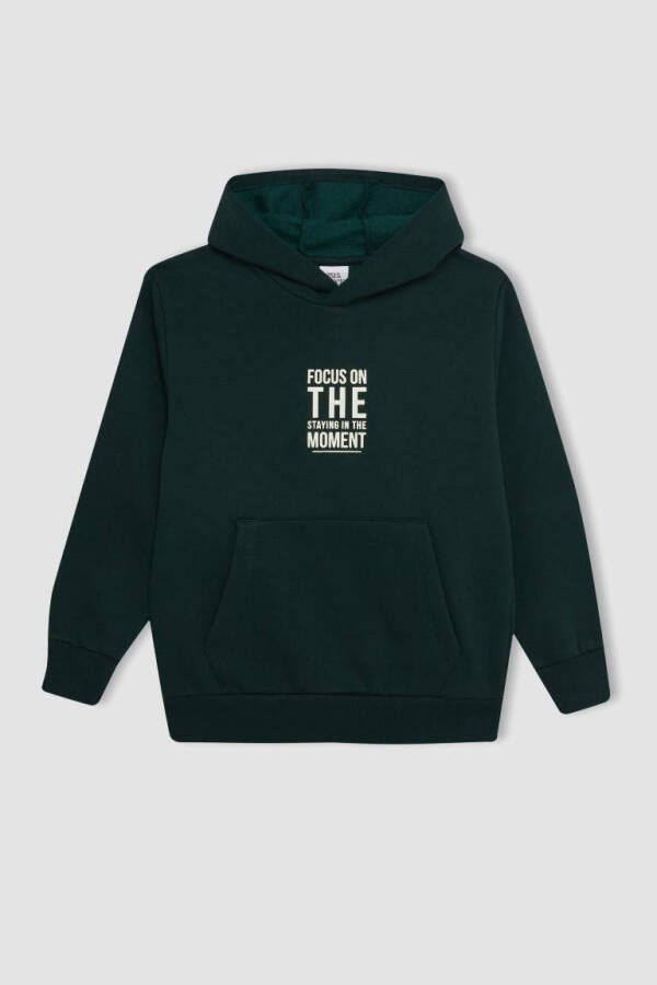 Boy's Text Printed Hooded Thick School Sweatshirt Dark Green - 7