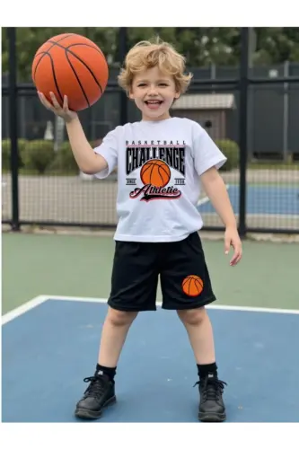 Boys White-Black Challenge Basketball Printed T-Shirt-Short Set-WHITE3 