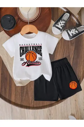 Boys White-Black Challenge Basketball Printed T-Shirt-Short Set-WHITE3 - MORNİNG KİDS (1)